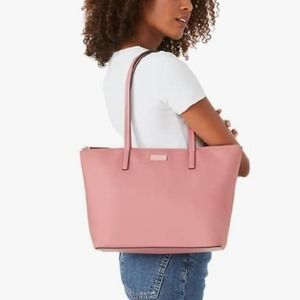 KATE SPADE NEW YORK "HAYDEN" NYLON ZIP TOP TOTE IN COLOR POMEGRANATE